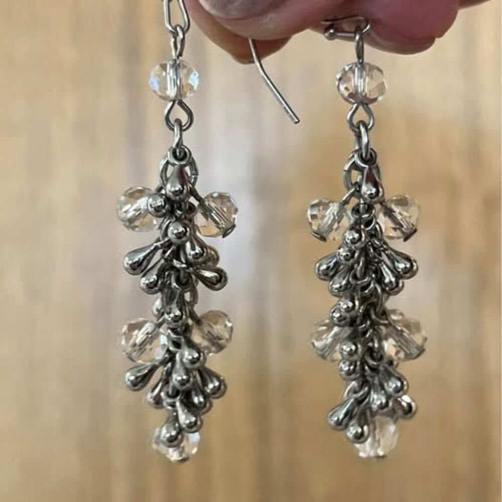 Vintage Crystal Cluster drop earrings Silver tone & clear crystal beads